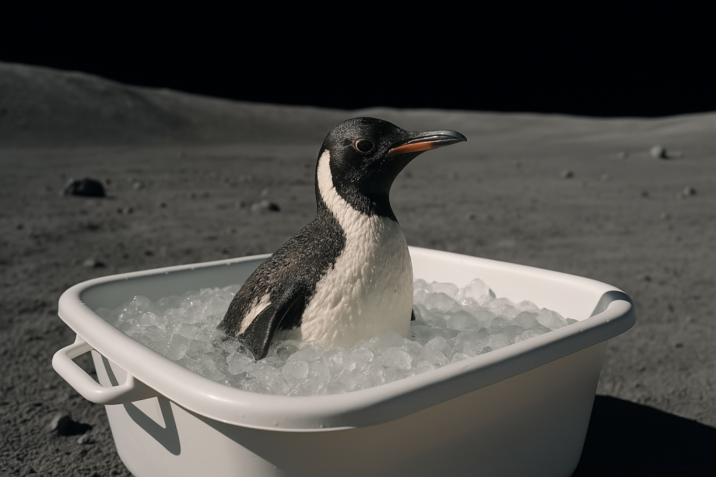 Video AI Tools: Sora AI - Afbeelding van pinguïn in ijsbad op de maan die ik maakte met Sora.